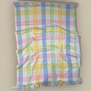 Vtg Tennessee Woolen Mills Baby Blanket Plaid Pastels Pink Yellow Blue Fringe